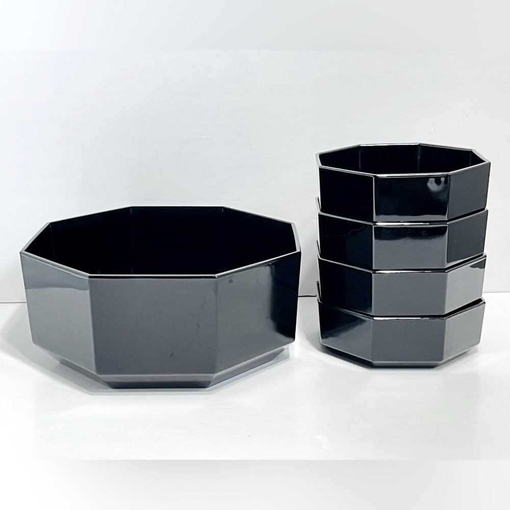 Vintage Arcoroc France Octime Black Glass Octagon Salad Bowl 5 Piece Set